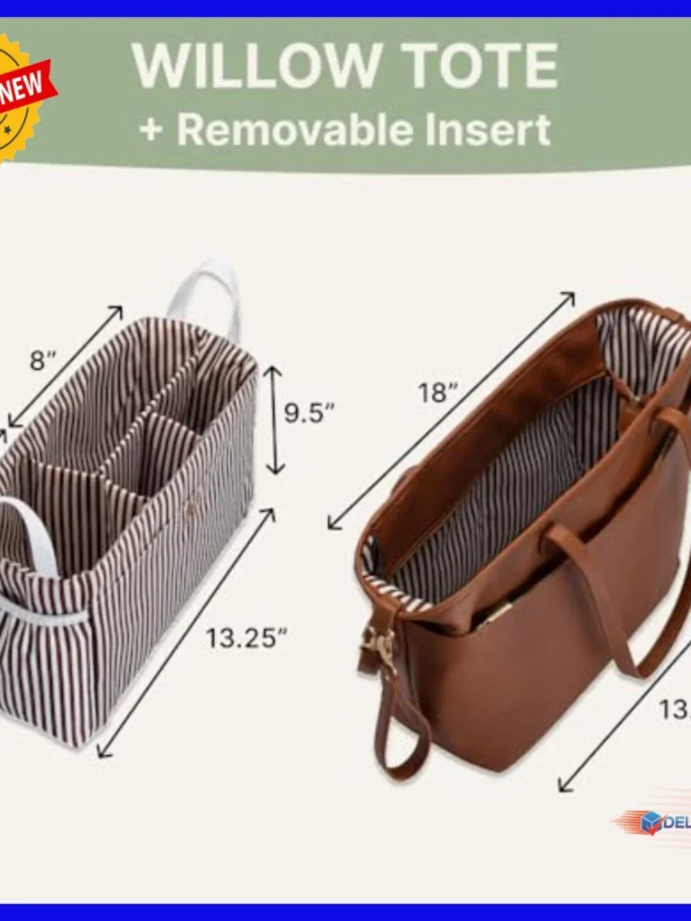 Vegan Leather Tote Bag with Removable Insert, 18